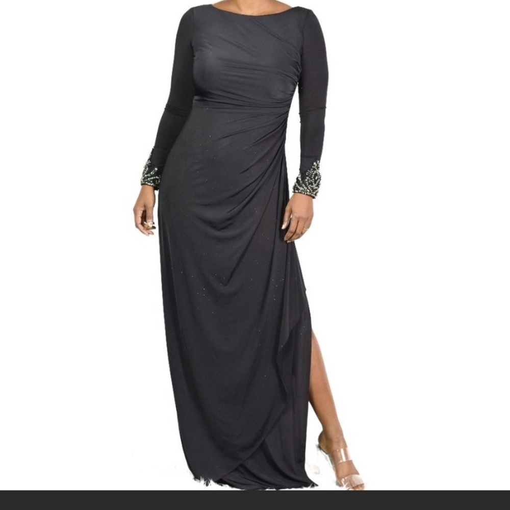 Adrianna Papell Black Long Sleeve Beaded Cuff Evening Gown